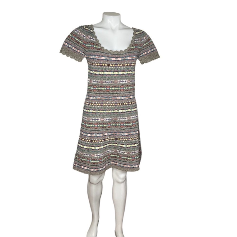 RALPH LAUREN RUGBY Wool Dress Fit & Flare Short Sleeves Mixed Color Knit Medium